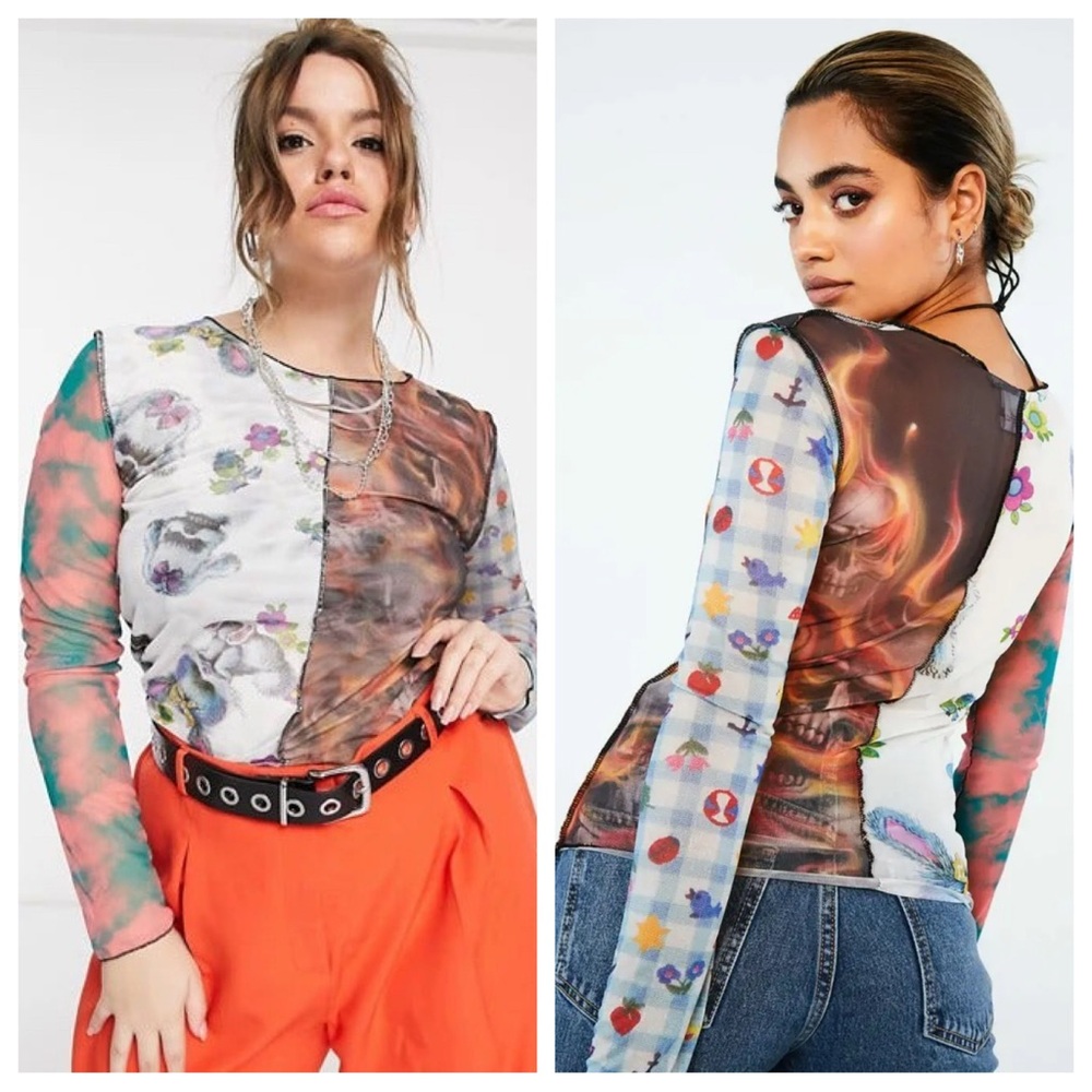 Multicolor Graphic Spliced Patchwork Mesh Long Sl… - image 1